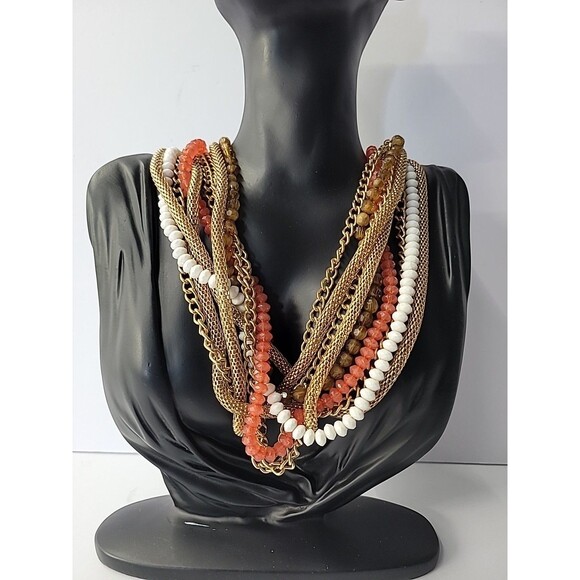Vintage NY Necklace Multi Strand Beaded Chain Gold Tone Red Gold Twisted - Picture 5 of 14